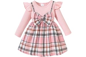 puseky Bebé Niña Vestido de manga larga Ruffle Plaid Vestido Bowknot Splicing Strap Dress Set Primavera Otoño Vestidos