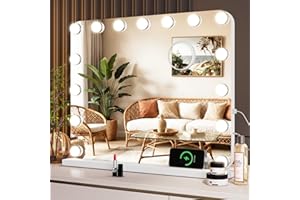 MAMIZO Hollywood Specchio Trucco con Luci,15 LED,50x40 cm,Specchio da parete,3 Temperature di Colore,Controllo touch e lente d'ingrandimento 10X,USB,Specchio da tavolo,specchio con luci make up,Bianco
