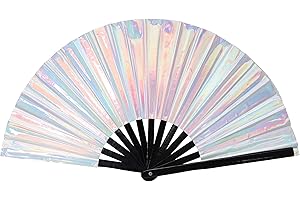 Gionforsy 1 x Rave-Handfächer aus Bambus, großer faltbarer Fächer mit hellen Farben, Stoff-Faltfächer für Festivals (1 Stück, Stil4, Silber)