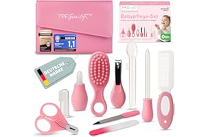 TPFFamily Baby Pflegeset Neugeborene (Pink) – 10-teiliges Set mit hochwertiger Baby Nagelschere, Nasensauger, Bürste und mehr – Ideal als Erstausstattung und die tägliche Pflege
