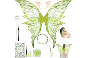LEZEHEA Costume d'ailes de fée, ailes de fée pour enfants et adultes, ailes de papillon avec oreilles d'elfe + couronne de fleurs + étoiles + baguettes de fée + gel pailleté + visage de pierres scintillantes