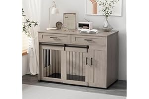 DAWNYIELD Cage pour Chien en Bois, avec Portes Coulissantes, Tiroirs et Armoire de Rangement. Maison pour Chien D'intérieur Verrouillable, Table D'appoint Grise.