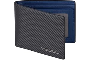 VISOUL Cartera para Hombre Piel Genuina Billetera Hombre de Cuero de Tarjetero con Protección RFID Carteras Bifold para Hombres Joven Monedero de Cuero con 12 Ranuras para Tarjetas (Carbono+Azul)