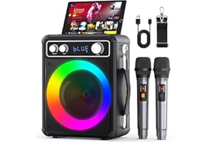 Tragbare Karaoke Maschine mit 2 Drahtlosen Mikrofone, Ankuka 15W Bluetooth Lautsprecher Box für Erwachsene/Kinder mit LED Lichteffekte, Unterstützt TF/USB, FM, Rec, AUX in, TWS für Party, Geburtstag