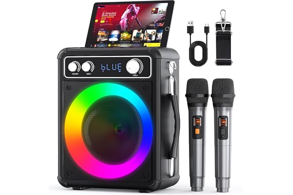 Ankuka Machine de karaoké, Enceinte Bluetooth Portable avec 2 Microphones sans Fil, système PA pour Adultes et Enfants avec lumières LED, Prend en Charge TWS S/Rec/FM/AUX/USB/TF pour fête à Domicile