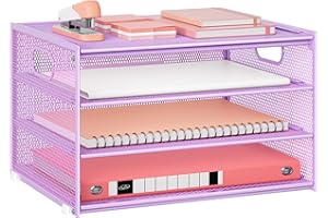 Marbrasse Organiseur de Bureau,4 Niveaux Corbeilles à Courrier en Filet avec Poignée,Porte-Revues,Support de Rangement pour Papier,Organisateur de bacs de classement Le Bureau,la Maison (Violet)