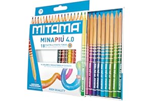 Mitama - Pastelli MINAPIU 4.0 - Confezione da 18 pastelli - Mina grande 4 mm resistente - diametro 7,5 mm - Spazio per il nome - Colori Scuola - Pastelli Astuccio Scuola