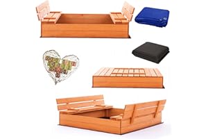 SUNWOOD Sandpit 120 x 120 cm Impregnated Premium Sandbox with Premium Waterproof Cover Oxford Bench Lid Sandpit Wood Pine Sandpit Fleece