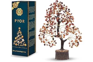 PYOR Carnelian Gemstone Tree Reiki Bonsai Chakra Balancing Home Decor Golden Wire 10-12 inch