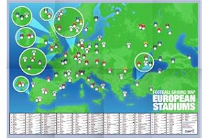 Football Ground Map European Football Stadium A1 Wall Poster (folded to A4) - includes every major stadium with a capacity 40,000+, Multicolor