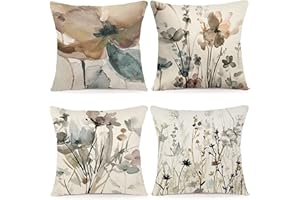 YCOLL Federe Cuscini 40x40 Set di 4 in Lino, Fodere Decorative Floreali ad Acquerello, Copricuscini Eleganti per Divano, Camera da Letto, Soggiorno, Giardino, Terrazza e Cuscini da Esterno