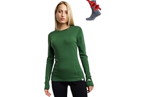 Merino.tech Damska warstwa bazowa z wełny merynosów – 100% wełna merynosowa ciężka, średniej wagi, lita koszula termiczna z długim rękawem i skarpety