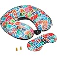 amazon basics Memory Foam Travel Neck Pillow with Eye Mask and Ear Plugs Combo, Unisex, U-Shaped, World Stamps, Multicolor