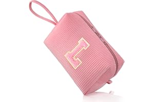 FUZVOL Makeup Bag for Women A-Z Personalized Make Up Bags Corduroy Makeup Pouch Small Cosmetic Bag Travel Toiletry Organizer Birthday Gifts for Women Mom Best Friend Bride Bridesmaid, Pink Letter L