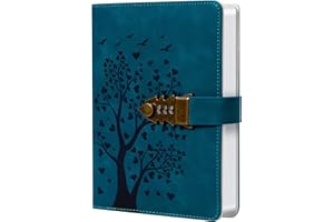 HwxBen Carnet en cuir PU avec serrure à combinaison, motif arbre en cœur, bleu paon, format A5, 244 pages, avec porte-stylo, poche intérieure et marque-page, idéal pour écrire ou offrir