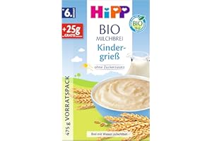 ‎HIPP HiPP BIO Milchbrei Kindergrieß (4 x 475g), ab 6. Monat, ohne Zuckerzusatz, sanft zu Babys Bäuchlein, in bester Bio-Qualität