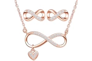 YUMILOK Ensembles de bijoux en argent 925, Or rose Collier symbole de l'infini, Boucles d'oreilles de symbole infini mignons, Zircon incrusté, bijoux pour femme fille, Cadeau de Noël et Anniversaire