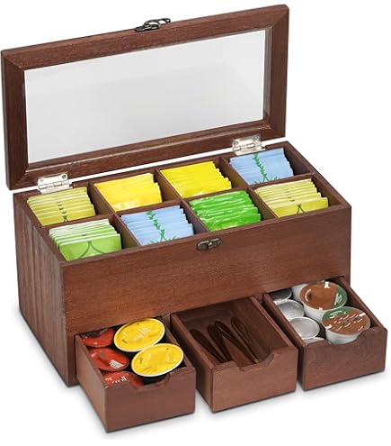 Optyuwah Theebox, theekist, thee opbergdoos van hout, bruine theezakjesdoos, theekist voor theezakjes, suiker, koffiecapsule, voorraaddoos met levensboom en glazen kijkvenster, deksel