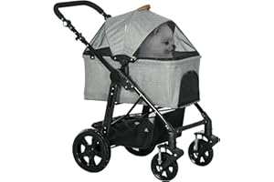 PawHut Hundebuggy 2 in 1 Hundewagen Transporttasche, Klappbarer Katzenwagen, Hundebox, Katzenbuggy mit Meshfenster, bis 10 kg für Kleine Hunde, Oxford, Grau