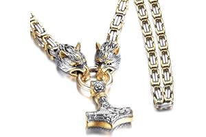 JeweBella 8MM Mjolnir Colgante Vikingo para Hombre Plata/Oro Martillo de thor Acero Inoxidable Collar Lobo Vikingo con Cadena Bizantina Longitud 50CM-70CM