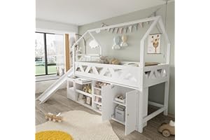 MYBOO Hochbett 90x200 mit Schubladen, Schränken&Schließfächer, Kinderbett mit Rutsche&Stauraumleiter, Hausbett mit Rausfallschutz&Lattenrost, Etagenbett Holzbett Bettgestell für Kinder Jugendliche, Weiß