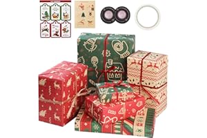 Bigqin 11pcs Carta per Incartare Regalo natalizio Set,Carta da imballaggio in carta kraft Tema natalizio 6PCS 70x50cm Carta da Pacchi e Etichette