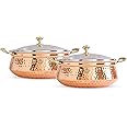 Indian Art Villa Steel Copper Hammered Design Handi/Bowl/Casserole With Toughened Glass Lid & Brass Knob & Handles, Volume-400 ml, Pack of 2