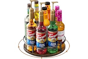 Nuovoware Support Rotatif 9 Bouteilles Sirop Café, Support en Acier au Carbone avec Base en Bois Support pour Bouteilles de Sirop de Café pour Sirops Aromatisés Thermos Liquor de Table, Marron+Noir