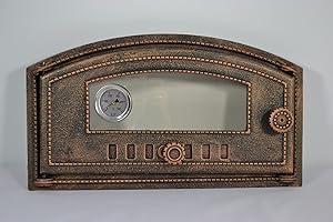 SEZAM Backofentür aus Gusseisen mit Thermometer 500 °C, hitzebeständige Glasscheibe, nach links öffnend, Pizzaofentür - Brotofen - Steinofentür, 48,5 x 6,5 x 27,5 cm - halbrund, kupferfarbene Bemalung