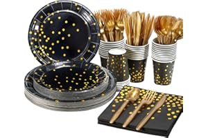 UPGROW 168 Pièces de Vaisselle de Fête, Accessoires de Fête, Ensemble de Vaisselle en Papier – Fourchettes, Couteaux, Cuillères, Assiettes, Assiettes à Dessert, Serviettes en Papier et Gobelets (24 Invités)