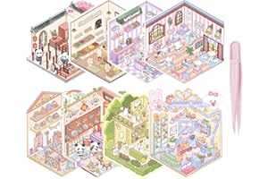 Leikedun 50 Sets Libro de Pegatinas 3D con Escenas, DIY Scene Stickers, House Stickers, Creativo Alivio del Estrés Relajación Diversión Artesanal para Adultos y Niños incluye Pinzas