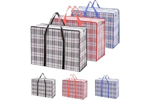 JOLIGAEA Paquete de 6 Bolsas Grandes Almacenaje, Bolsas de Lavandería Reutilizables, Extra Large Cajas Almacenaje con Cremallera y Asas,Bolsas a Cuadros para Picnic,Lavandería,Mudanza, 60 X 50 X 20cm