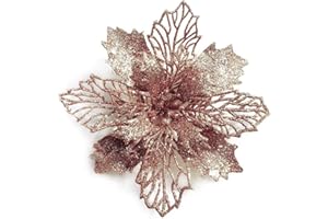 GL-TURELIFES 12Pz Glitter Poinsettia Fiori di Natale 16cm Con 12 Pz Stelo Verde Artificiale Albero di Natale Fiore Corona Floreale Ornamenti di Natale (Oro Rosa)