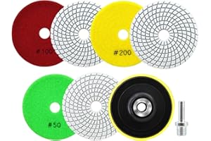 SANLEETEK Wet Diamond Polishing Discs - Diamond Polishing Pad 6 Pieces 100 mm Grit 50 x 2/100 x 2/200 x 2 with M14 Support Plate + Adapter for Granite Marble Artificial Stone Quartz for Angle Grinder