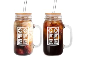 ANOTION Mason Jar - Tazza da caffè ghiacciata con coperchio e cannuccia, 680,4 g, barattolo con manico in vetro, bicchieri da caffè, riutilizzabili, per tazze da caffè ghiacciate, per viaggi, ufficio, casa