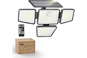 Philips Solar Security Light Outdoor, 196 LED Wall-Mounted Flood Light w/PIR Motion Sensor, 3 Modes, 4 Adjustable Heads Solar-Powered Floodlights with Remote Control, IP65 Waterproof
