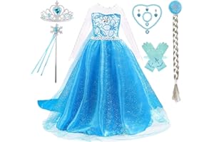 HAMANASU Vestito Elsa Frozen Bambina Carnevale Elsa Vestito da Principessa Elsa Abito da Principessa con Collana Corona Bacchetta Set per Carnevale Compleanno Halloween Natale,2-9 anni