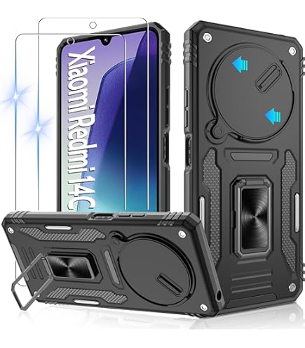 ESHUYI® Case For Xiaomi Redmi 14C (4G/5G)/Poco C75 4G With Slide Camera Cover, Military Grade Shockproof Protective Cover With Rotatable Metal Ring
