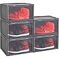 AYSIS Multipurpose 5 Pack Sneaker Containers Bins, Shoe Storage Box, Clear Plastic Stackable Shoe Organizer for Closet, Space Saving Foldable Shoe Sneaker Containers Bins Holders (Pack of 5, Black)