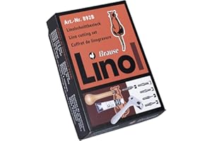 Brause 892B - Un coffret d'initiation à la linogravure comprenant un manche en bois, 5 gouges, un tube de peinture, une palette, une plaque de linoléum A6, un extracteur de gouge et un rouleau