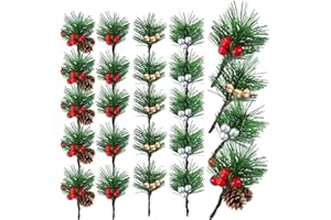 RXKFIGX 24 Pezzi Rami di Pino Artificiale di Natale, Rami di Abete Artificiali con Bacche e pigne, Agrifoglio Artificiali, Rami di Bacche Pigne per Decorazione Natalizia Ghirlande Floreali