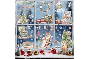 BOOMTOP 9 Fogli Adesivi per Finestre Natale Vetrofanie Decorativi Rimovibili Animali Natalizi Renna Pupazzo Gatto Orso Decorazione per Vetro