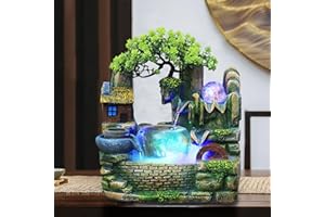 Fontaine de table Biggittig - Cascade d'intérieur - Pulvérisateur LED en résine - Avec éclairage pour chambre à coucher, salon, bureau