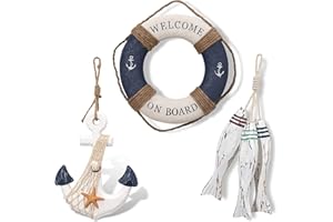 FLANACOM Maritime - Juego de decoración de pared para cuarto de baño, juego de 3 piezas para colgar, salvavidas, termómetro y peces, accesorios de madera para el baño, decoración para pared