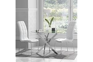 GOLDFAN Glass Dining Table Set and 2 Faux Leather Backrest Chairs Modern Round Kitchen Table Dining Room Set, 100cm, White