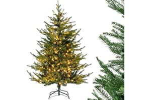 COSTWAY Sztuczna choinka z oświetleniem, rozkładana choinka z 8 trybami oświetlenia, 180 diod LED o ciepłej białej barwie światła, sztuczne drzewko bożonarodzeniowe, do domu, biura, wysokość 136 cm