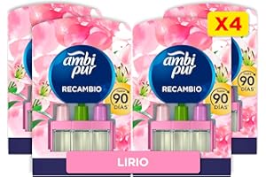 FEBREZE Ambipur 3Volution Lirio y Brisa Recambio De Ambientador Electrico 80ml, 3 Aromas Que Se Alternan Para Eliminar Olores, 4 Recambios