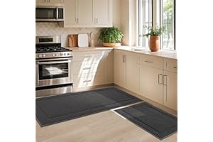 JSEI Non-Slip Kitchen Mats, Self Adhesive No Sliding Kitchen Rugs Set of 2, Soft Washable Absorbent Floor Rugs for Area Rug, Kitchen, Entrance, Bathroom, Bedroom, 61x91cm+61x152cm, Dark Grey