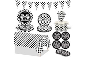 PIXHOTUL Racing Car Geburtstag Party Dekorationen, Rennwagen-Party-Zubehör Inklusive Pappteller, karierte Tischdecke, Pappbecher, Reifenservietten, Flagge für Kindergeburtstag, Rennsport-Themen-Party
