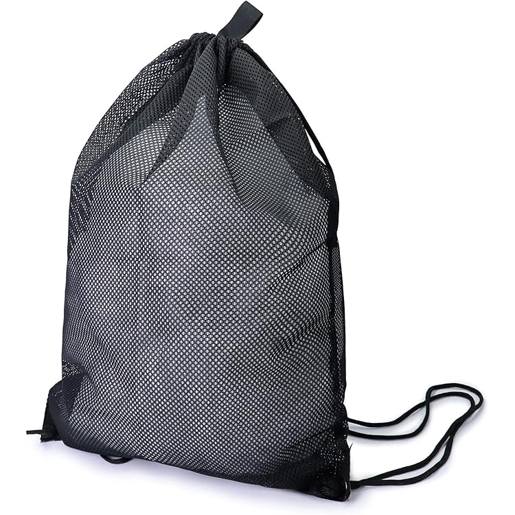 Mesh strandtas, gymtas met trekkoord, zwarte nettas, mesh rugzakken met trekkoord, grote nettas met trekkoord, voor bal, zwemmen, strand, camping, sportschool, 45 x 60 mm, zwart
